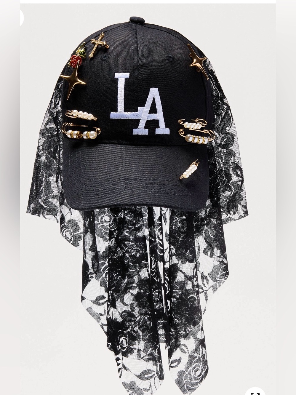 Black LA Embroidered Baseball Cap with Lace Veil and Pearl Pins